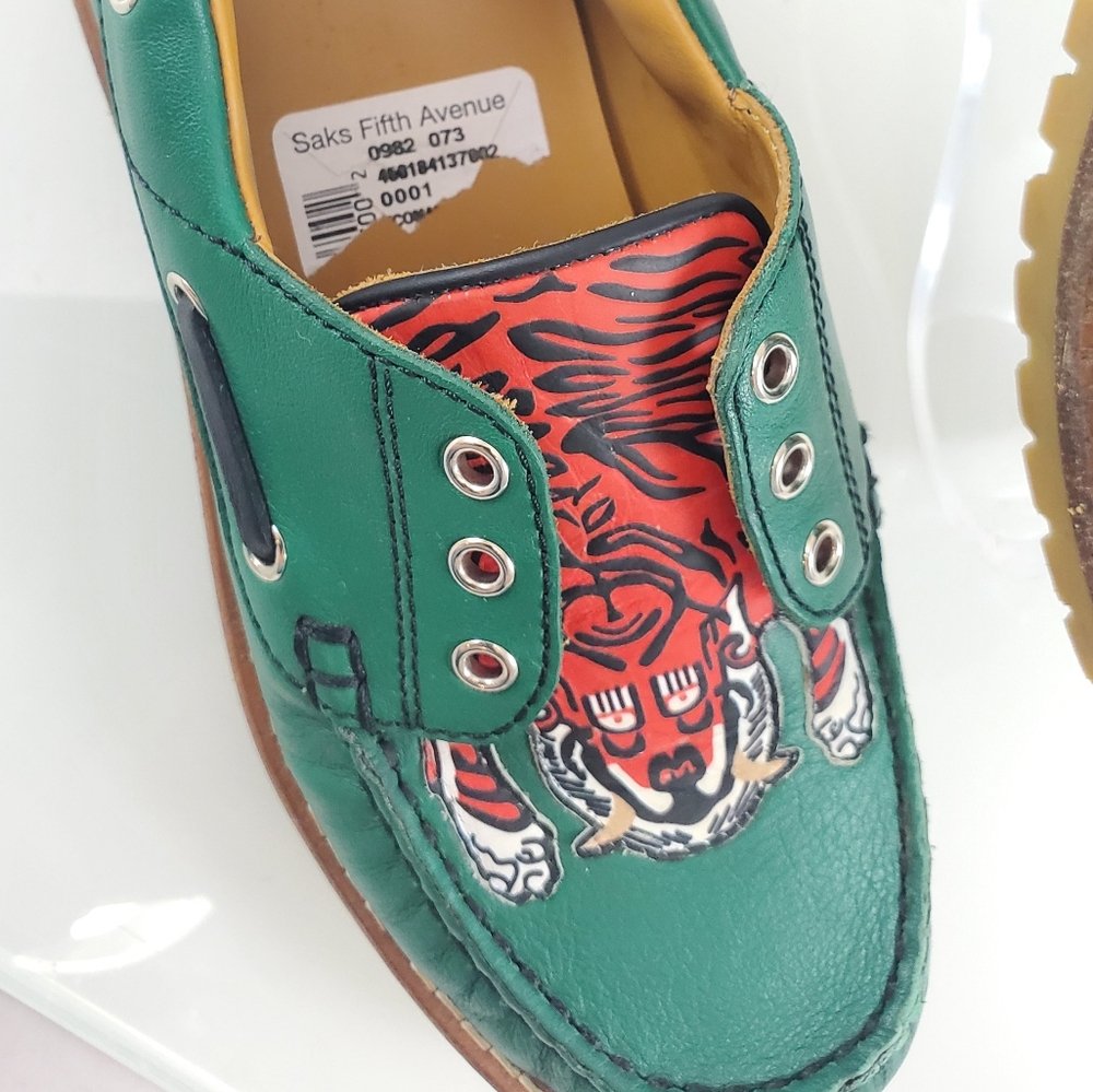 NWT$420 Gucci Boy's Green Leather Loafer w/ Red Animal Print Sz Gucci 30 US 12.5 - Picture 9 of 12